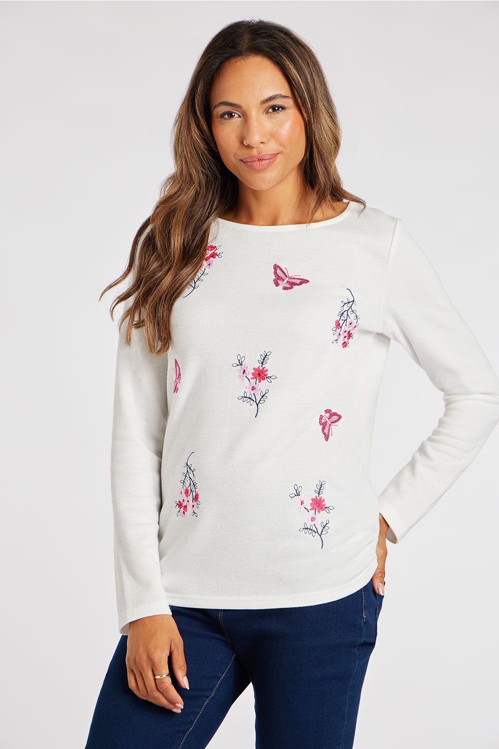 Bonmarche Ivory Long Sleeve Embroidered Sprig and Butterfly Top, Size: 12
