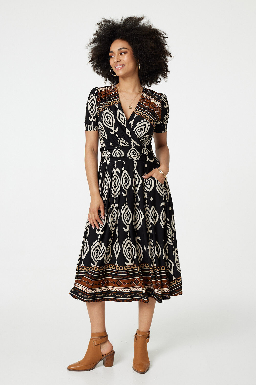 Izabel London Black - Printed 1/2 Sleeve Pleated Wrap Dress, Size: 14