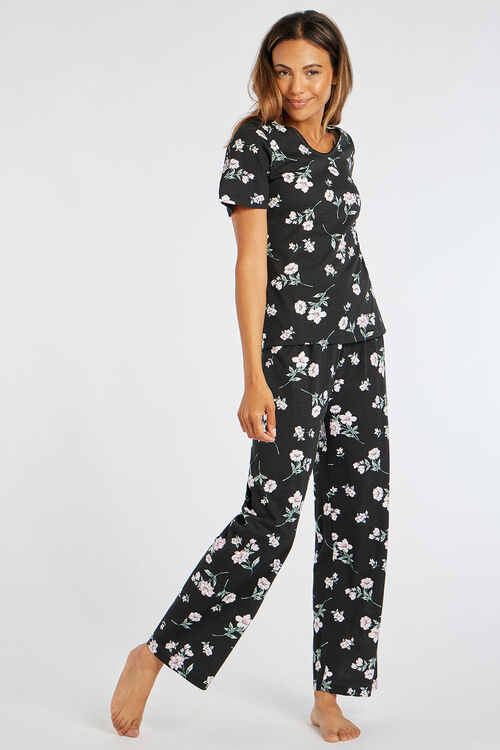 Short Sleeve Black Floral Jersey Pyjama Set | Bonmarché