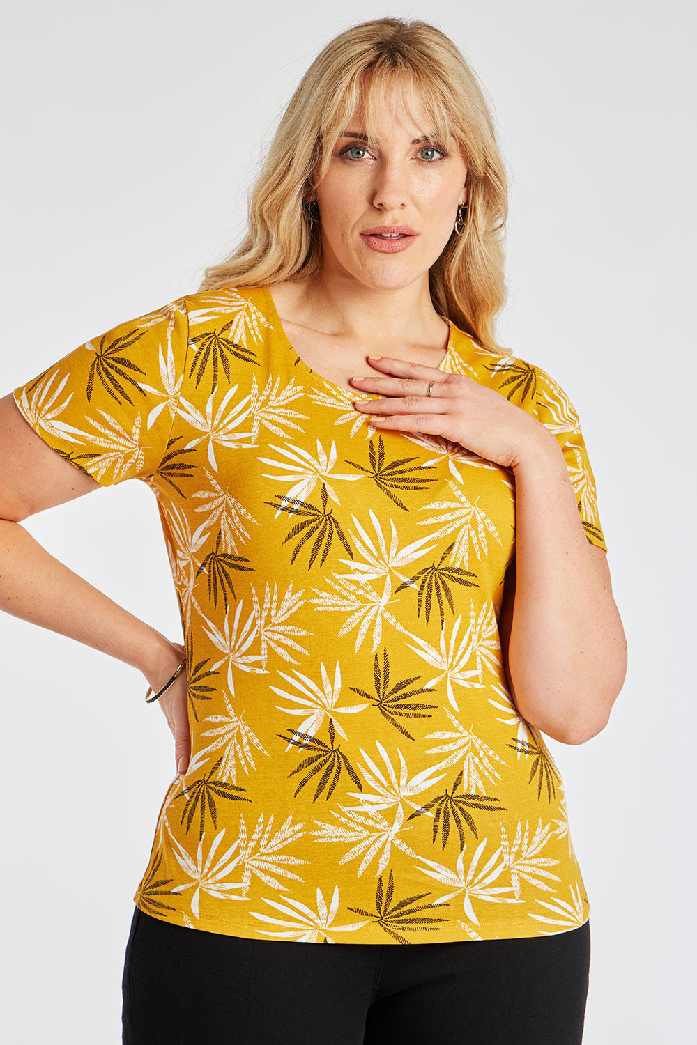 Bonmarche Yellow Short Sleeve Palm Print T-Shirt With Scoop Neckline, Size: 18