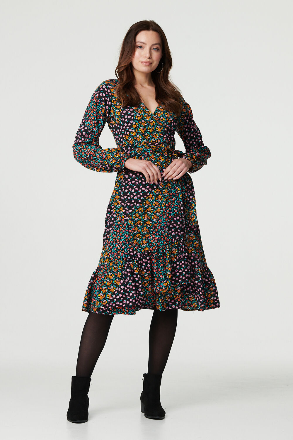 Izabel London Black - Patchwork Print Ruffled Wrap Dress, Size: 14