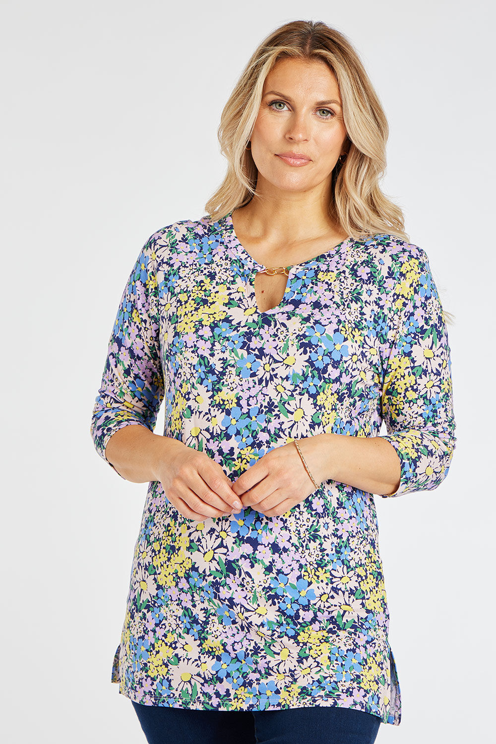 Bonmarche Multi 3/4 Sleeve Ditsy Floral Print Tunic, Size: 10