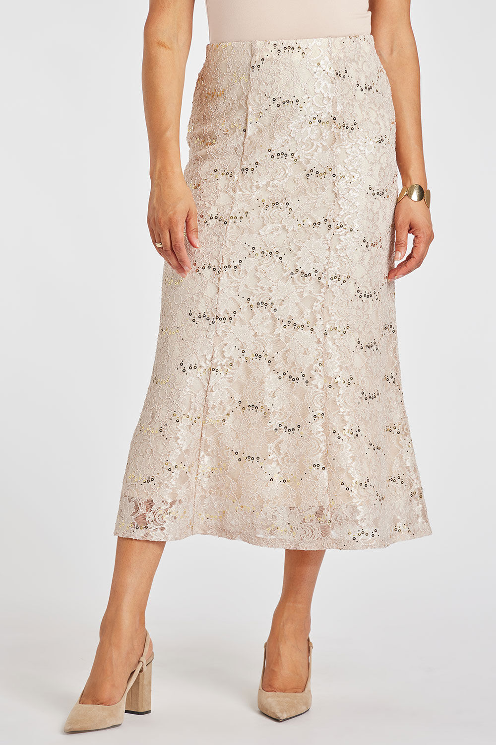 Bonmarche Oyster Sequin Lace Elasticated Flippy Skirt, Size: 10
