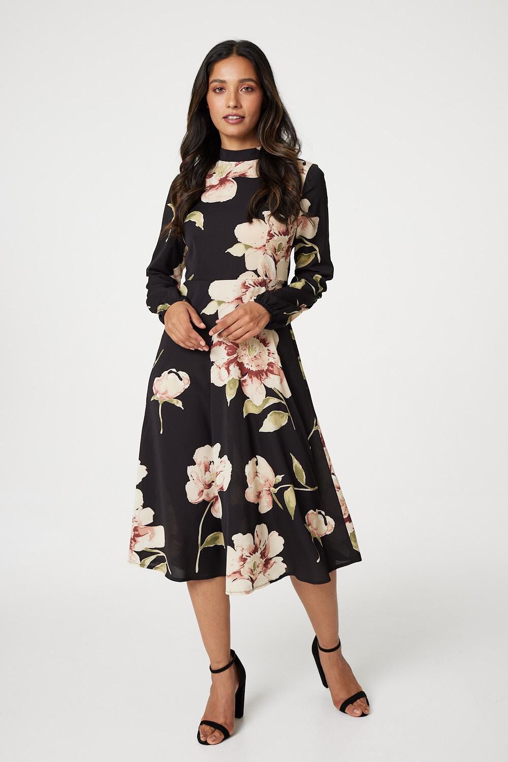 Izabel London Women’s Black and Beige Floral Print Long Sleeve Midi Tea Dress, Size: 18