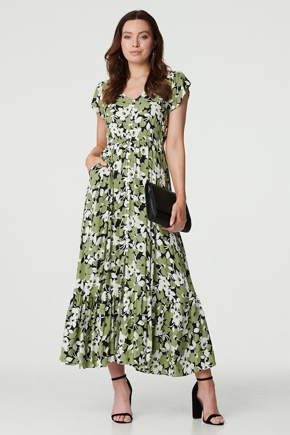 Izabel London Green - Floral Print Split Hem Maxi Dress, Size: 14