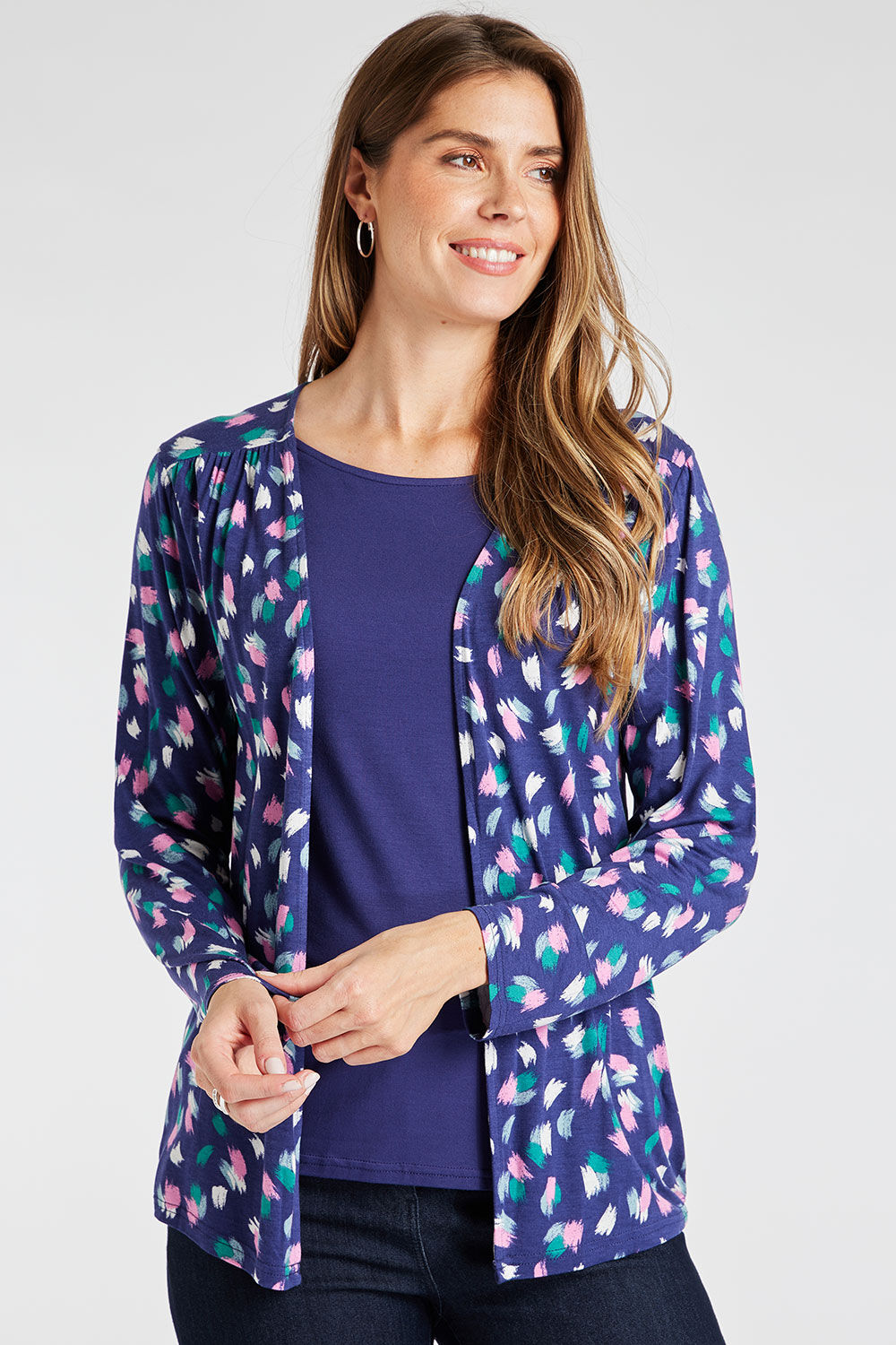 Dash Navy Long Sleeve 2 in 1 Print Cardigan and Plain Top, Size: 12