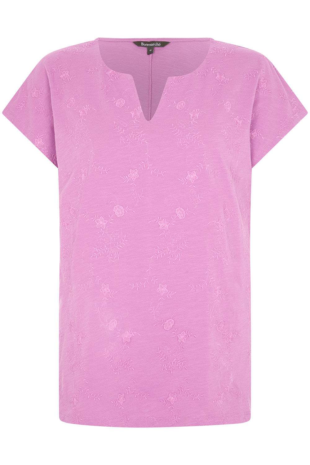 Bonmarche Magenta Short Sleeve Embroidered Front Notch Neck T-Shirt, Size: 18