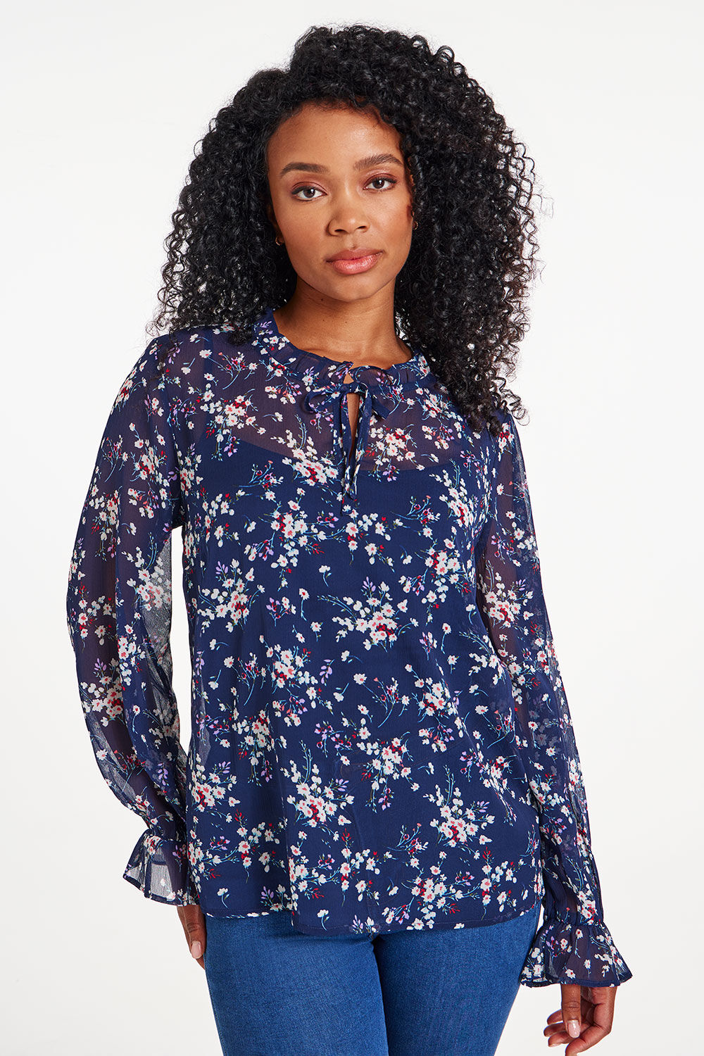 Bonmarche Navy Long Sleeve Floral Overhead Blouse With Cami Top, Size: 14