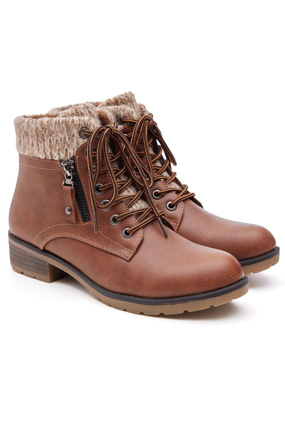 Cushion Walk Tan - Lace Up Heeled Ankle Boots With Knitted Detail, Size: 3