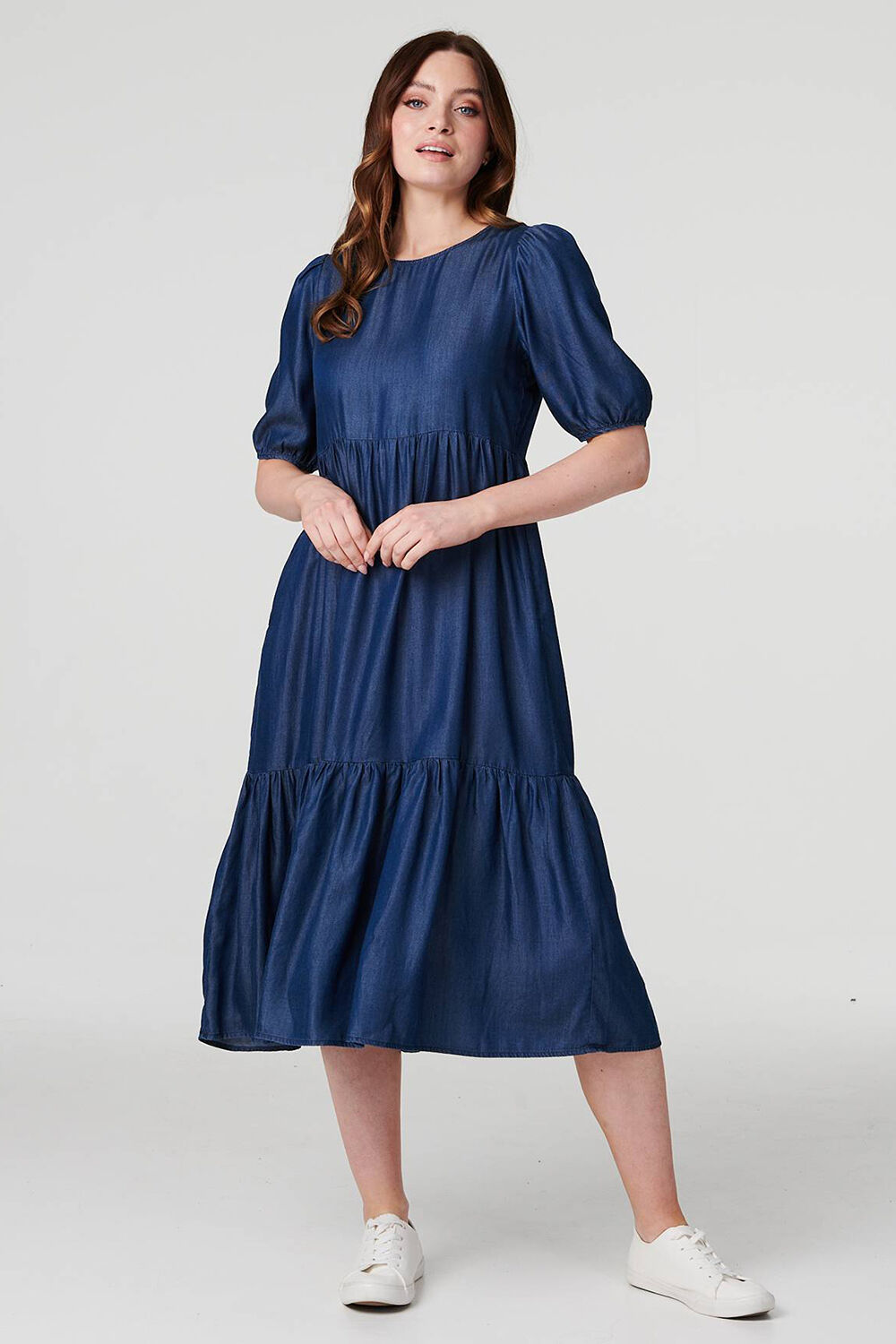 Izabel London Denim - Tiered 1/2 Puff Sleeve Midi Dress, Size: 16