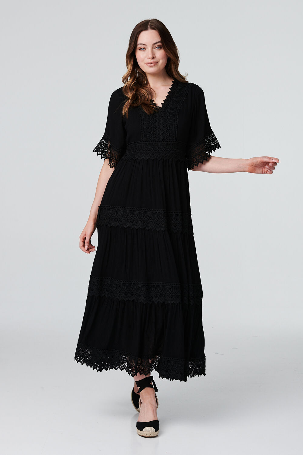 Izabel London Black - Short Sleeve Crochet Maxi Dress, Size: 14