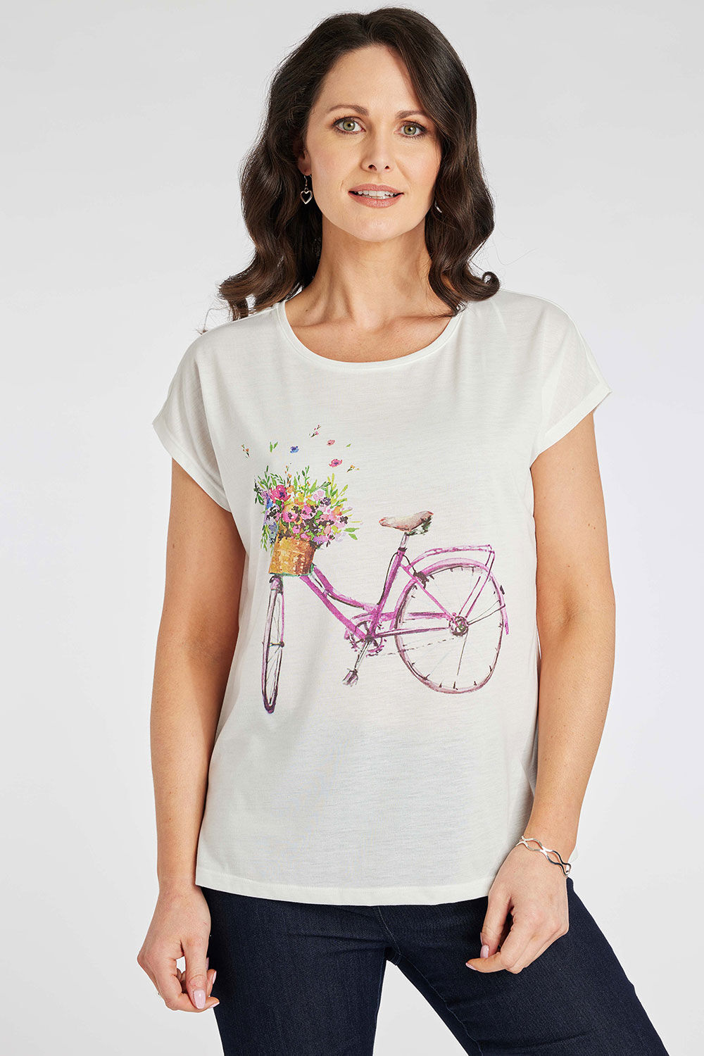 Bonmarche Ivory Short Sleeve Flower Bike Print T-Shirt, Size: 28
