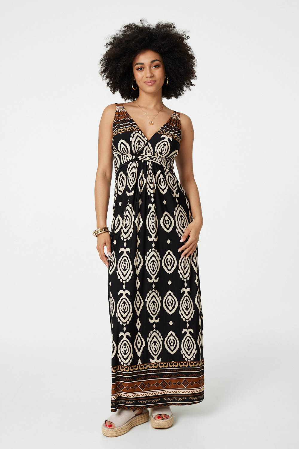 Izabel London Black - Printed Sleeveless Empire Maxi Dress, Size: 18