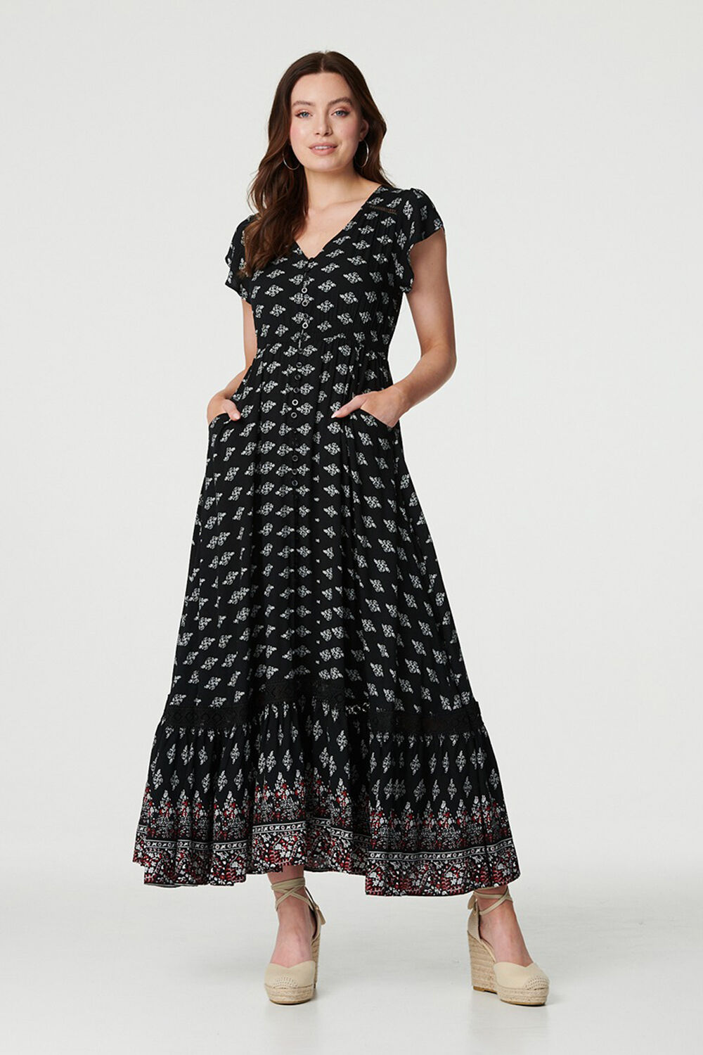 Izabel London Black - Printed V-Neck Lace Hem Maxi Dress, Size: 14
