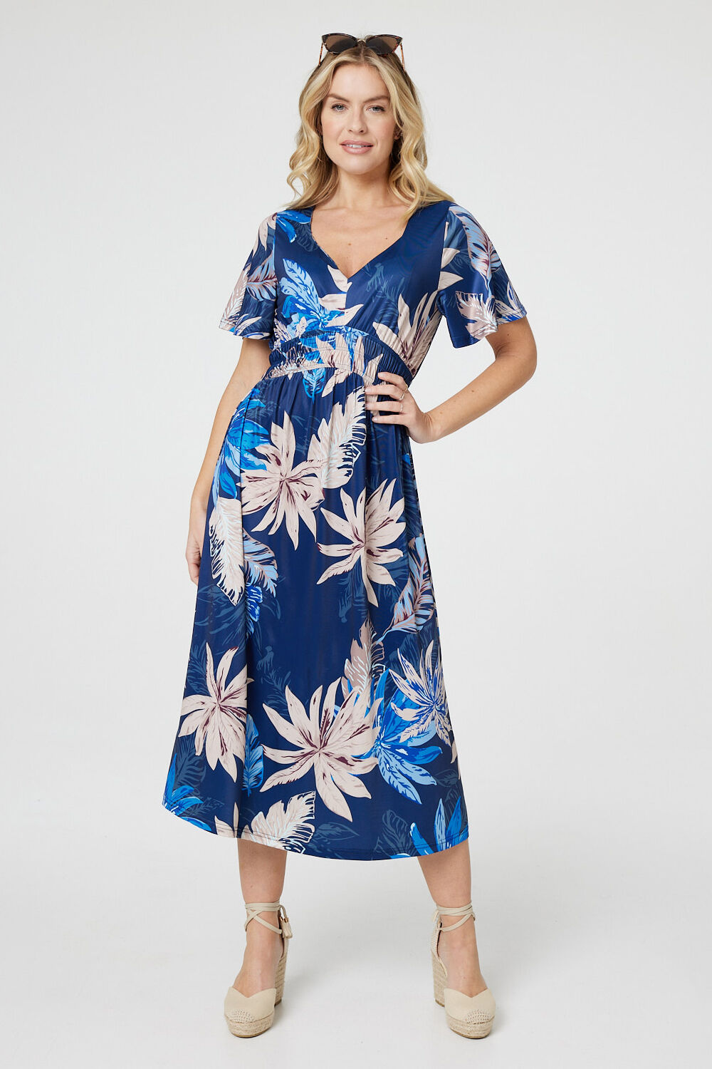 Izabel London Blue - Leaf Print Empire Waist Midi Dress, Size: 12