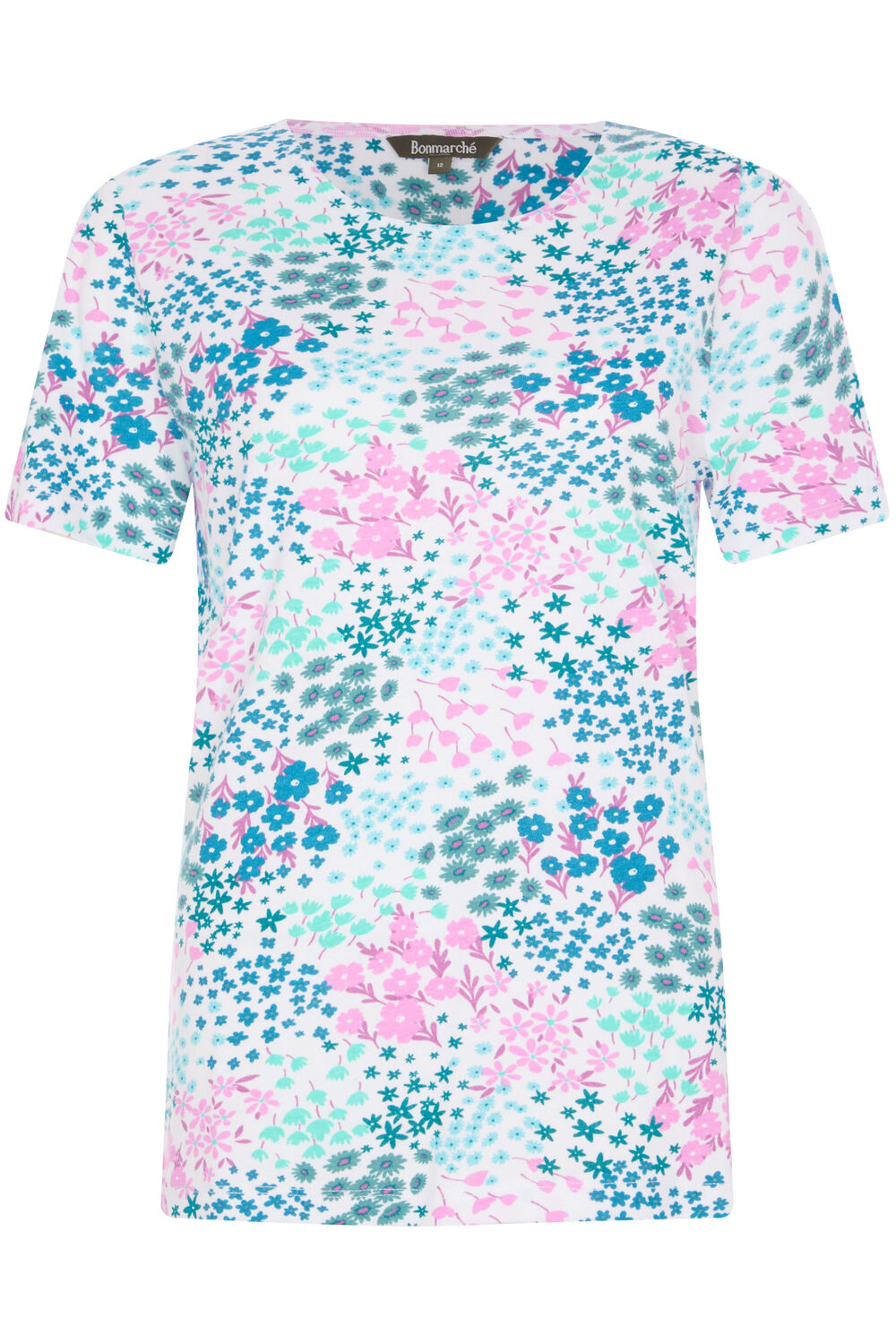 Bonmarche Ivory Short Sleeve Pressed Ditsy Print Scoop Neck T-Shirt, Size: 14
