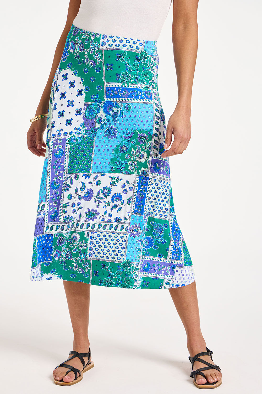 Bonmarche Blue Patchwork Print Jersey Flippy Skirt, Size: 10