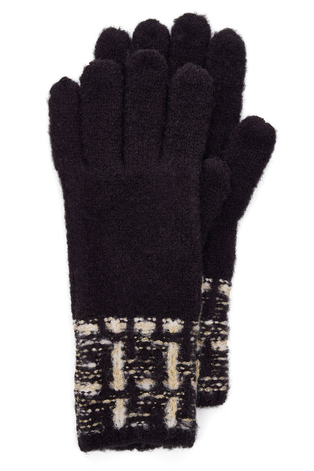 Bonmarche Black and Gold Lurex Check Knitted Gloves, Size: One Size