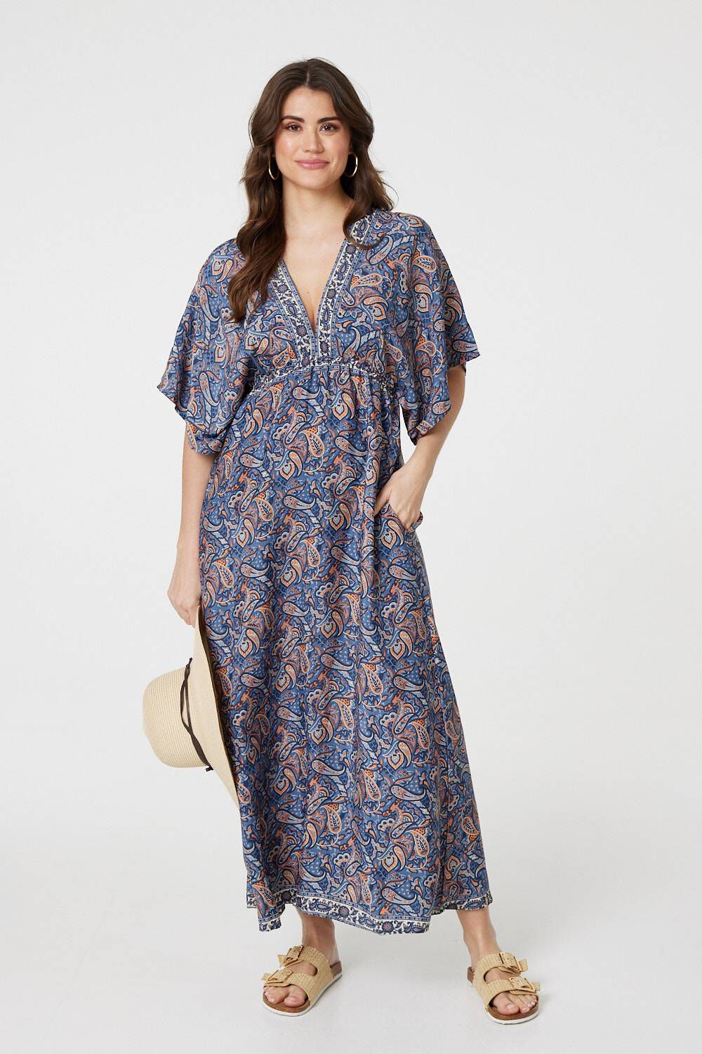 Izabel London Navy - Paisley Print Kimono Sleeve Midi Dress, Size: 14