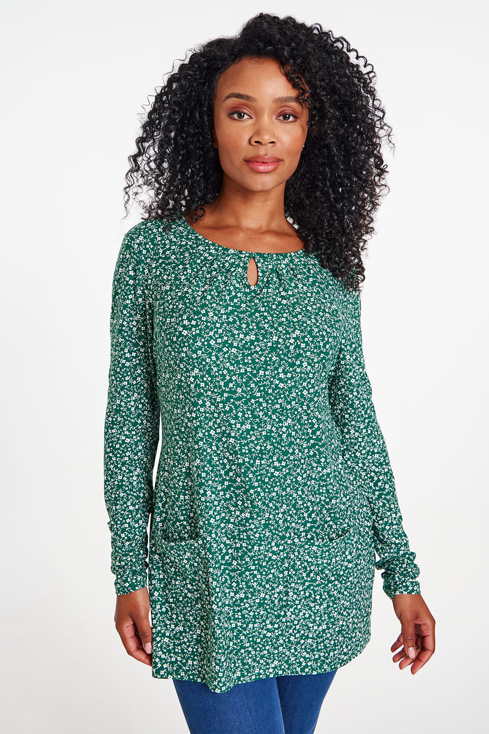 Bonmarche Green Long Sleeve Ditsy Print Tunic With Pockets, Size: 10