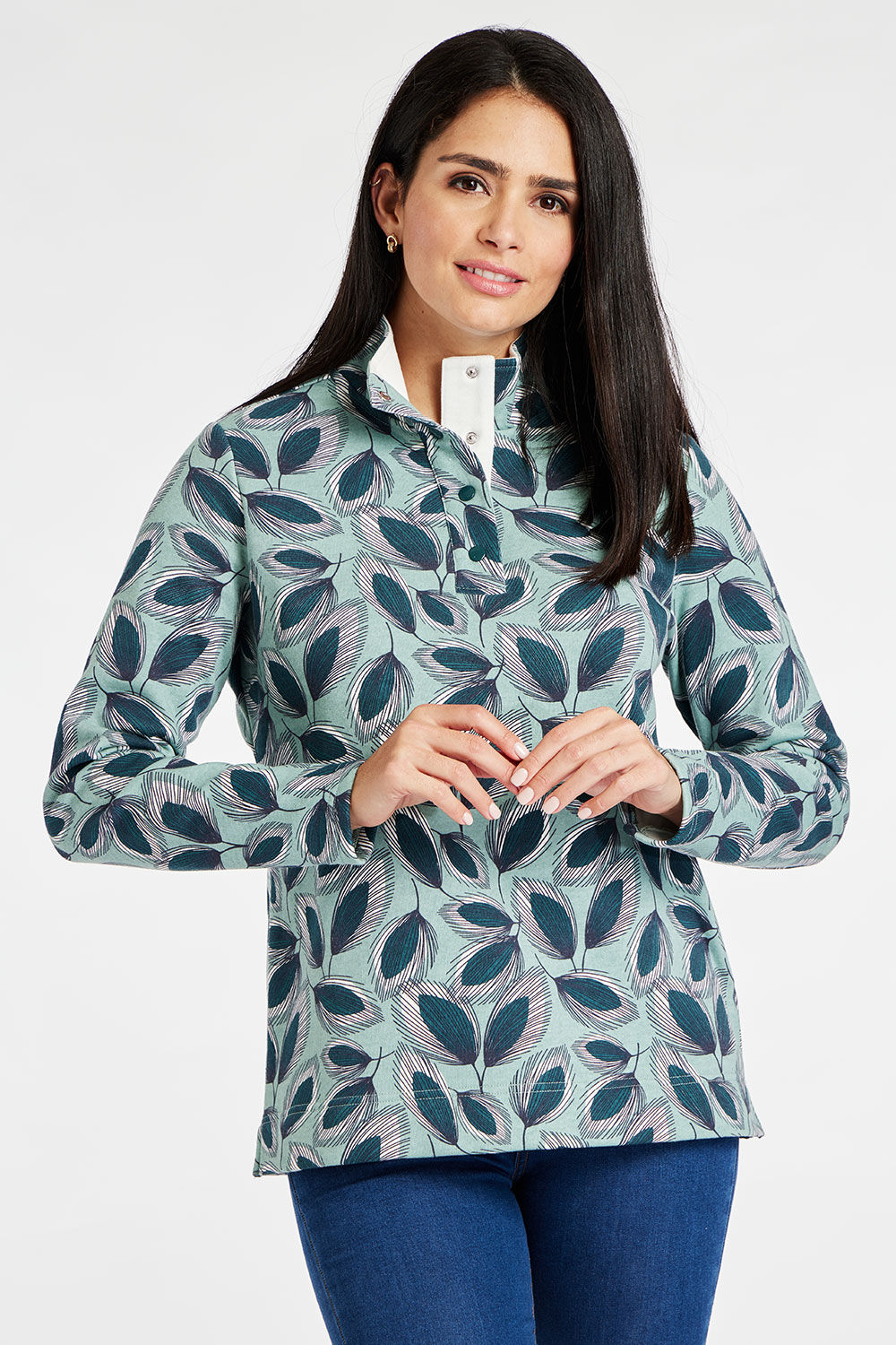 Bonmarche Women’s Green and White Cotton Leaf Print Long Sleeve Funnel Neck Sweatshirt, Size: 20
