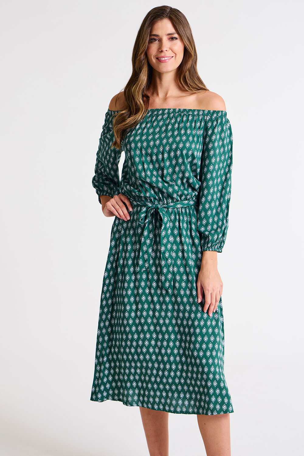 Bonmarche Green Tile Print Belted Bardot Dress, Size: 10