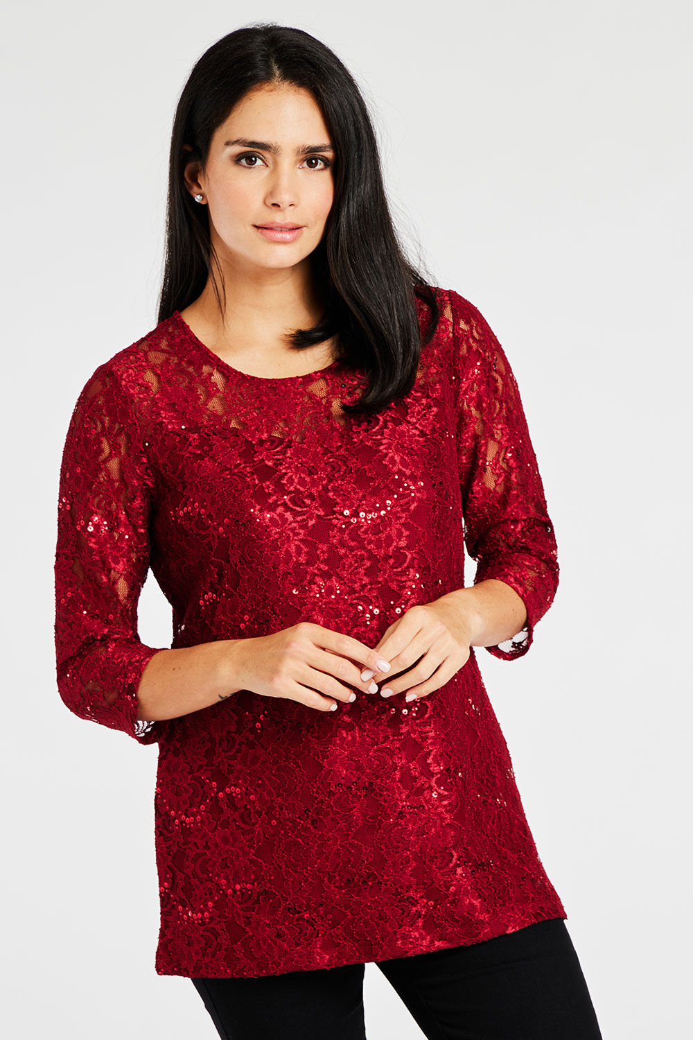 Bonmarche Burgundy 3/4 Sleeve Sequin and Lace Tunic, Size: 10