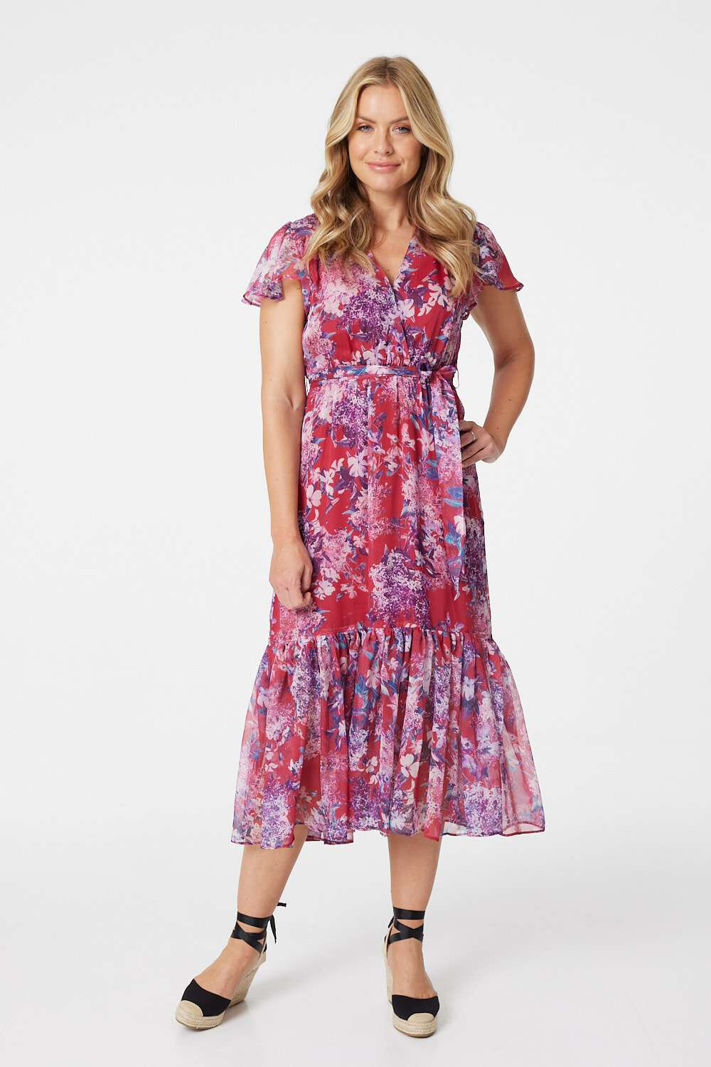 Izabel London - Floral Short Sleeve Tiered Midi Dress, Size: 14