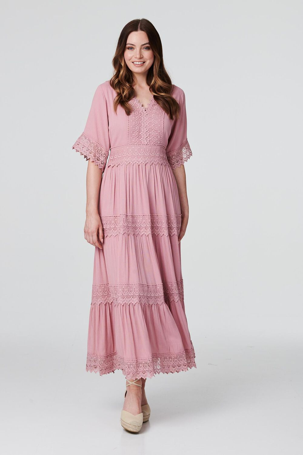 Izabel London Pink - Short Sleeve Crochet Maxi Dress, Size: 10