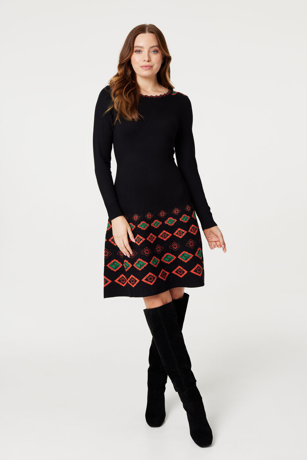 Izabel London Black - Printed Fit and Flare Knit Dress, Size: 10