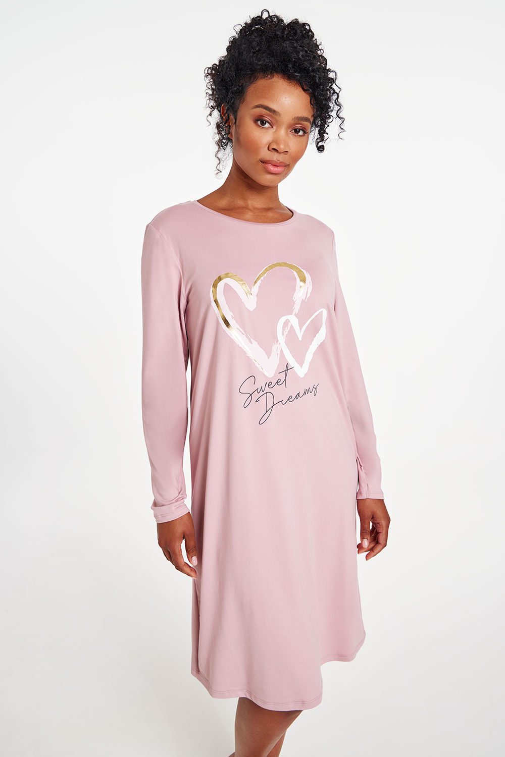 Bonmarche Women’s Pink Heart Print Long Sleeve Soft Touch Nightdress, Size: 16-18
