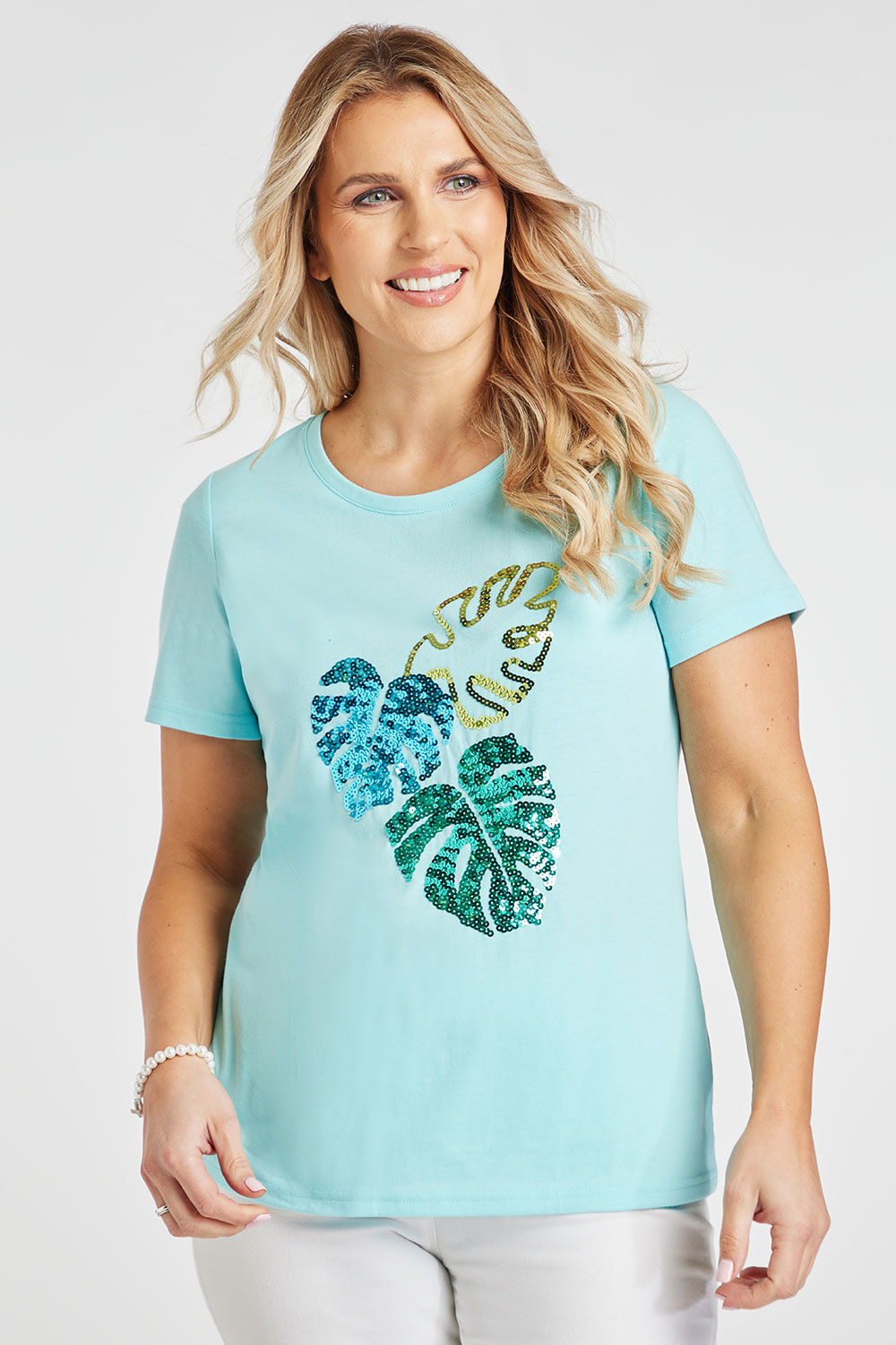 Bonmarche Aqua Short Sleeve Sequin Leaf T-Shirt, Size: 10