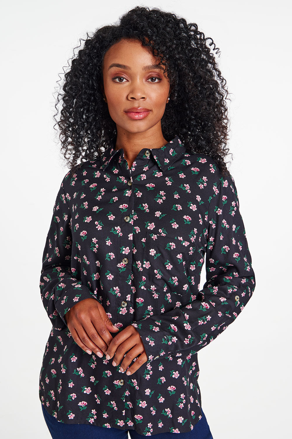 Bonmarche Black Long Sleeve Button Through Floral Shirt, Size: 12