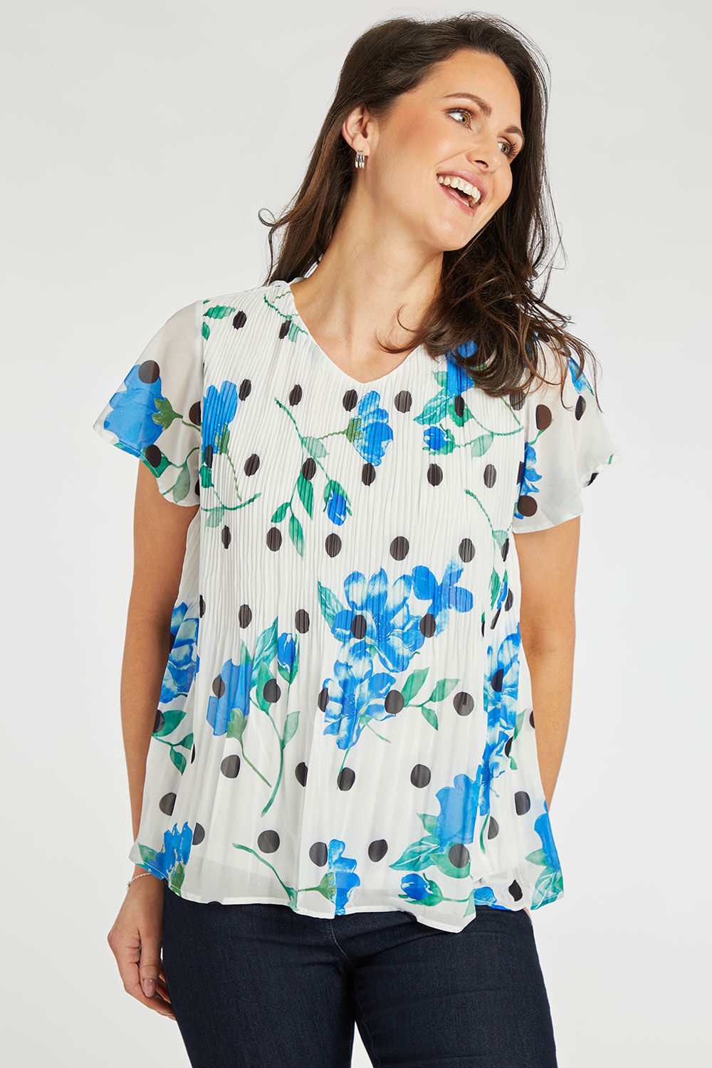 Bonmarche Blue Flower and Sport Printed Pleated Chiffon Top, Size: 1