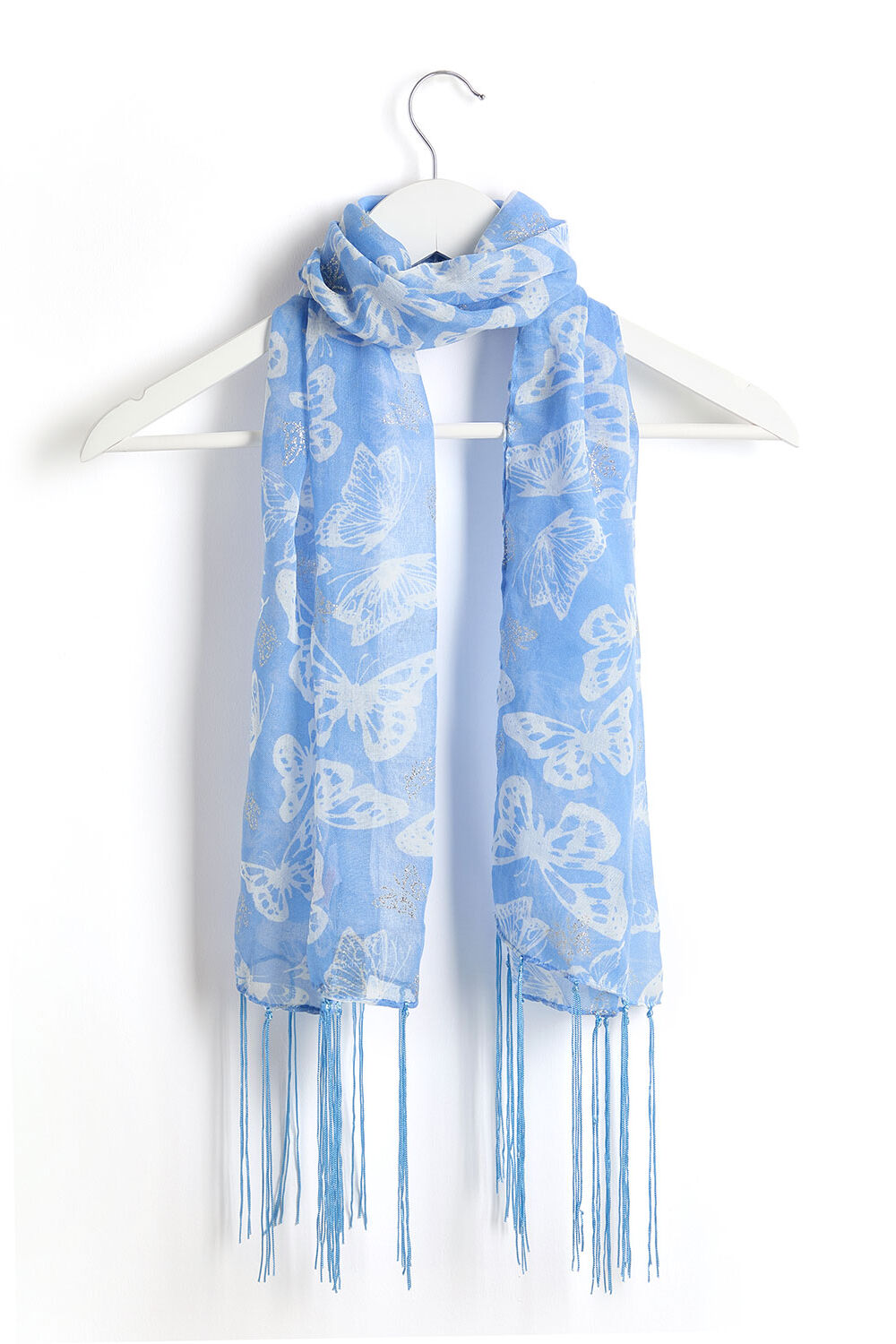 Bonmarche Blue All Over Butterfly and Glitter Lightweight Scarf, Size: One Size