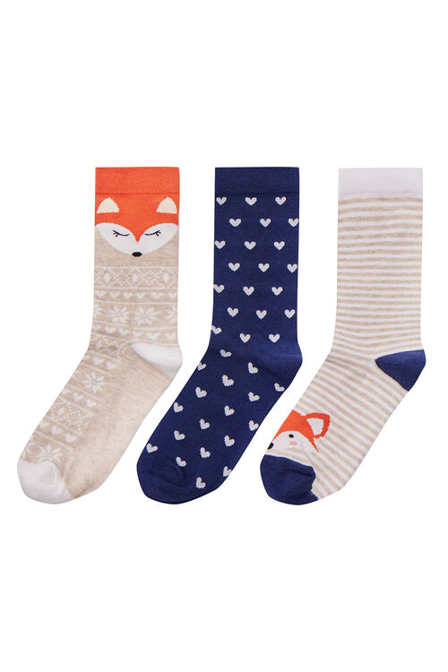 3 Pack Navy and Oatmeal Socks with Fox and Fairisle Print | Bonmarché