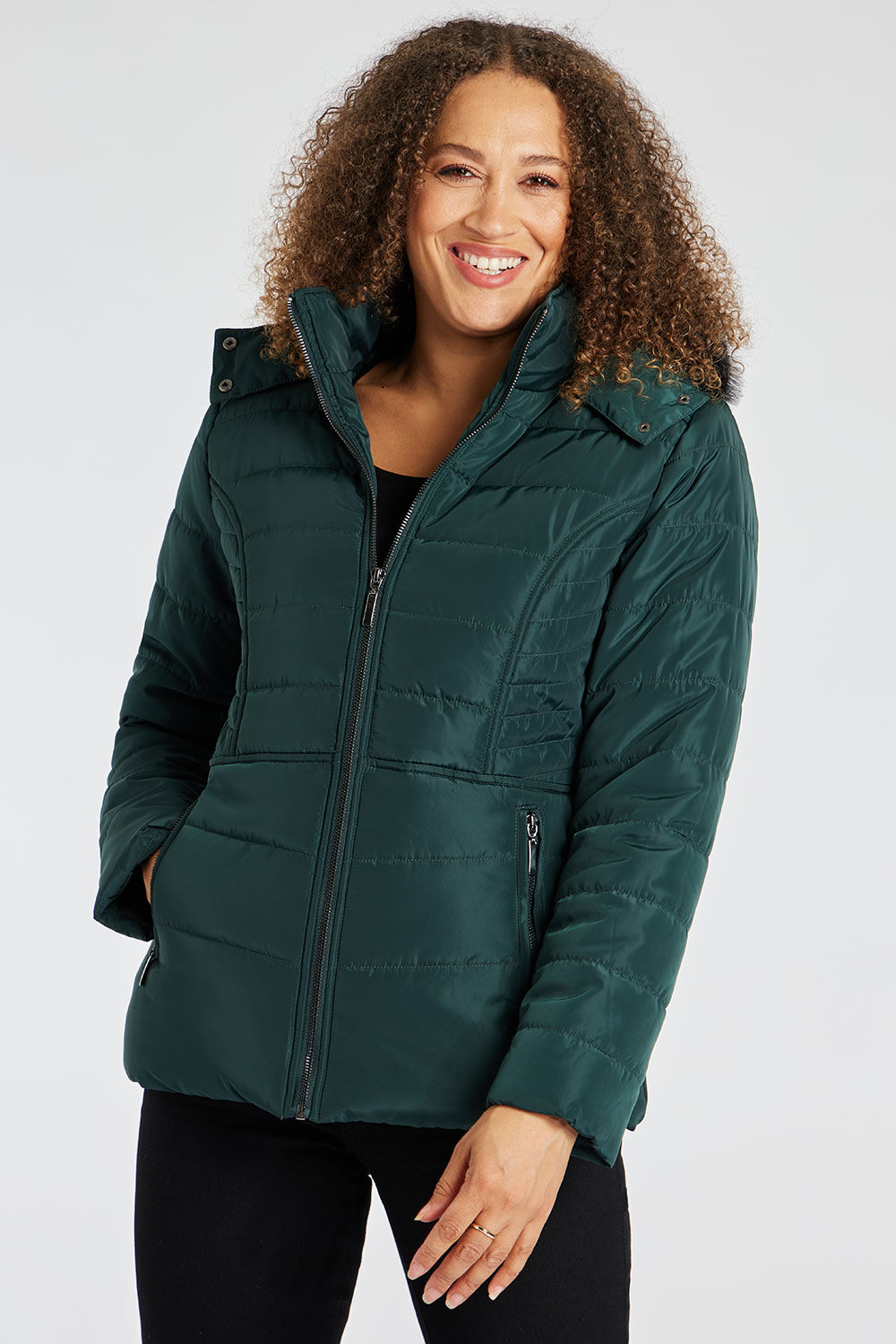 Bonmarche Green Short Padded Fur Hood Coat, Size: 12