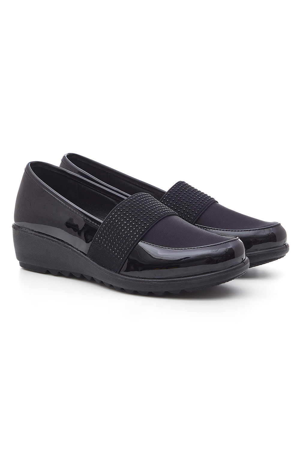 Cushion Walk Black - Patent Shoes With Fabric Front and Diamante Detail, Size: 3
