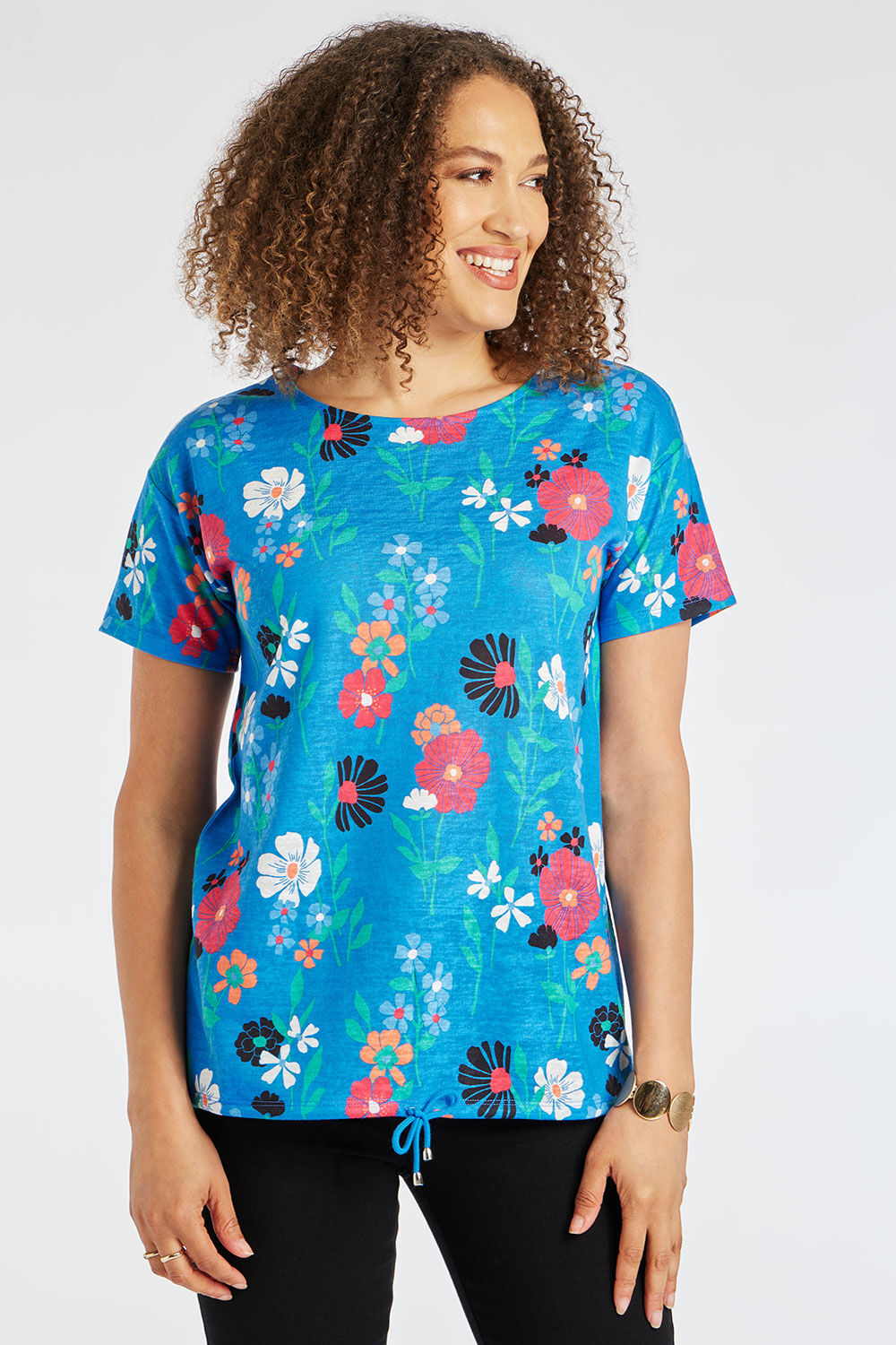 bonmarche blue short sleeve graphic floral print linen look t-shirt, size: 10