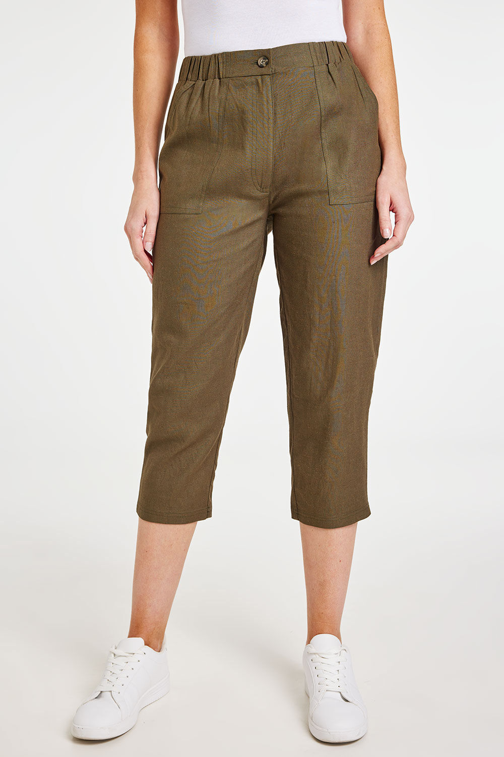 Bonmarche Khaki Tapered Cropped Linen Trousers With Button Detail, Size: 24