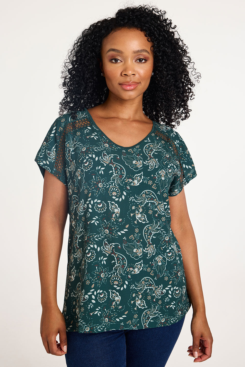 Bonmarche Green Short Sleeve Paisley Print Woven Front Top, Size: 14