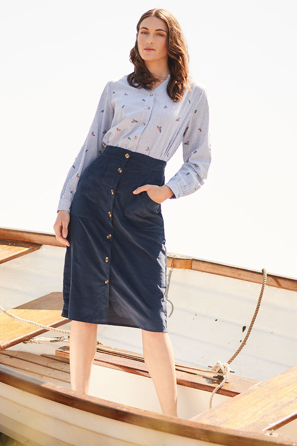 Autonomy Women’s Navy Blue Cotton Button Through Cord Skirt, Size: S