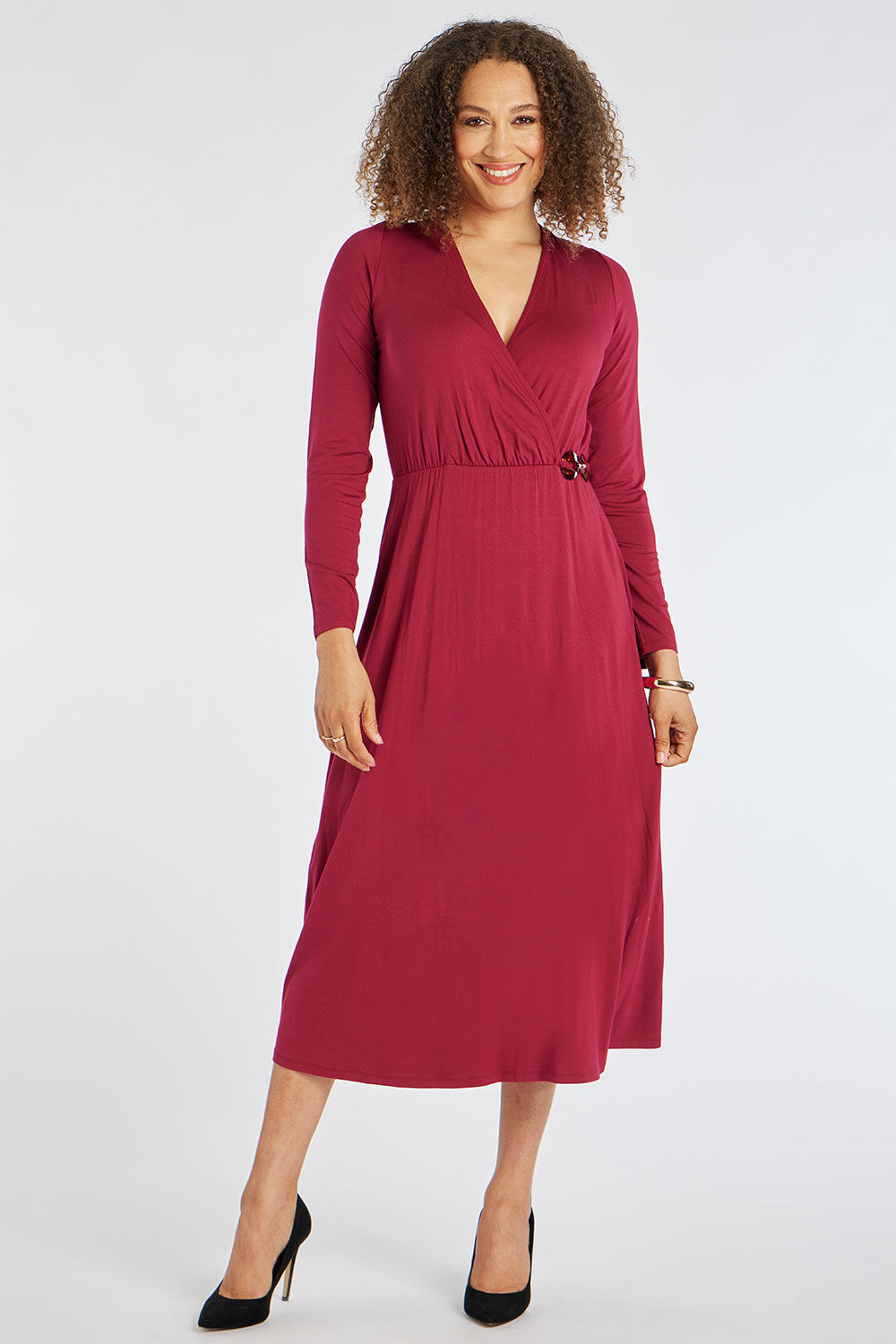 Bonmarche Women’s Red Plain Wrap Front Dress with Tortoise Shell Belt Detail, Size: 10