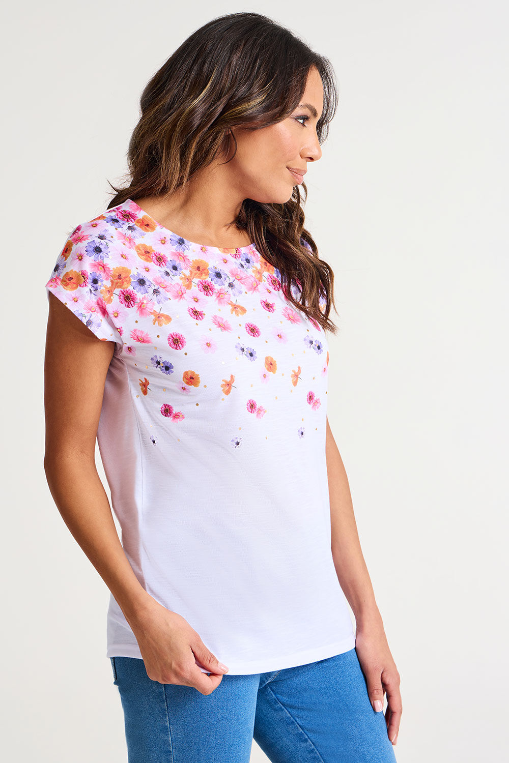 Bonmarche White Short Sleeve Trailing Floral T-Shirt With Foil Detail, Size: 14