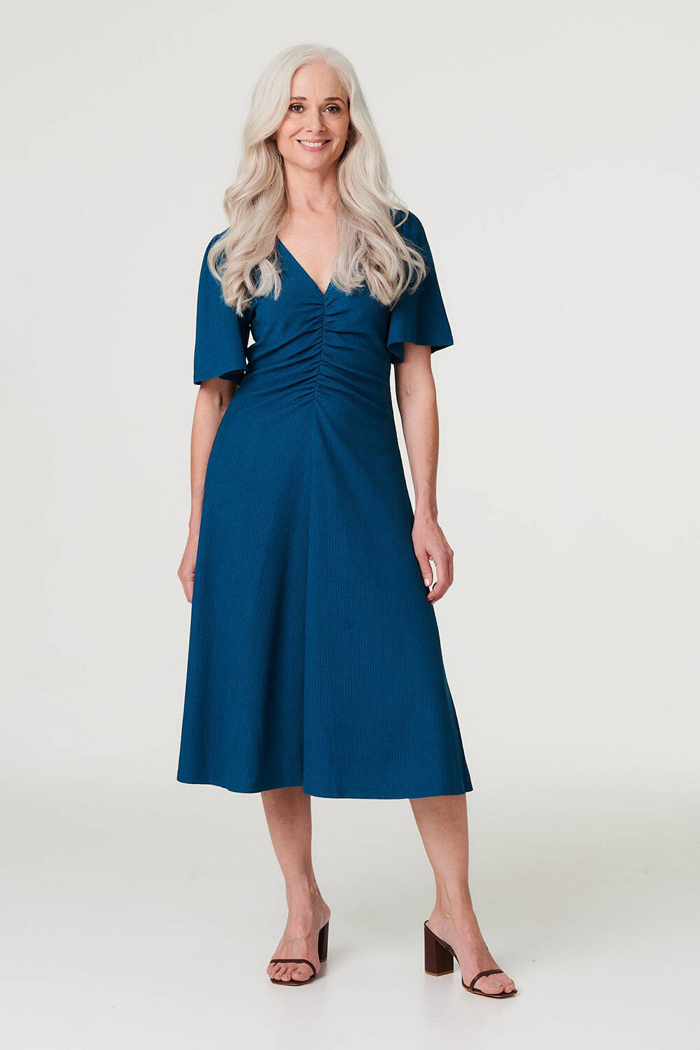Izabel London Blue - Plain Ruched Front Midi Dress, Size: 14