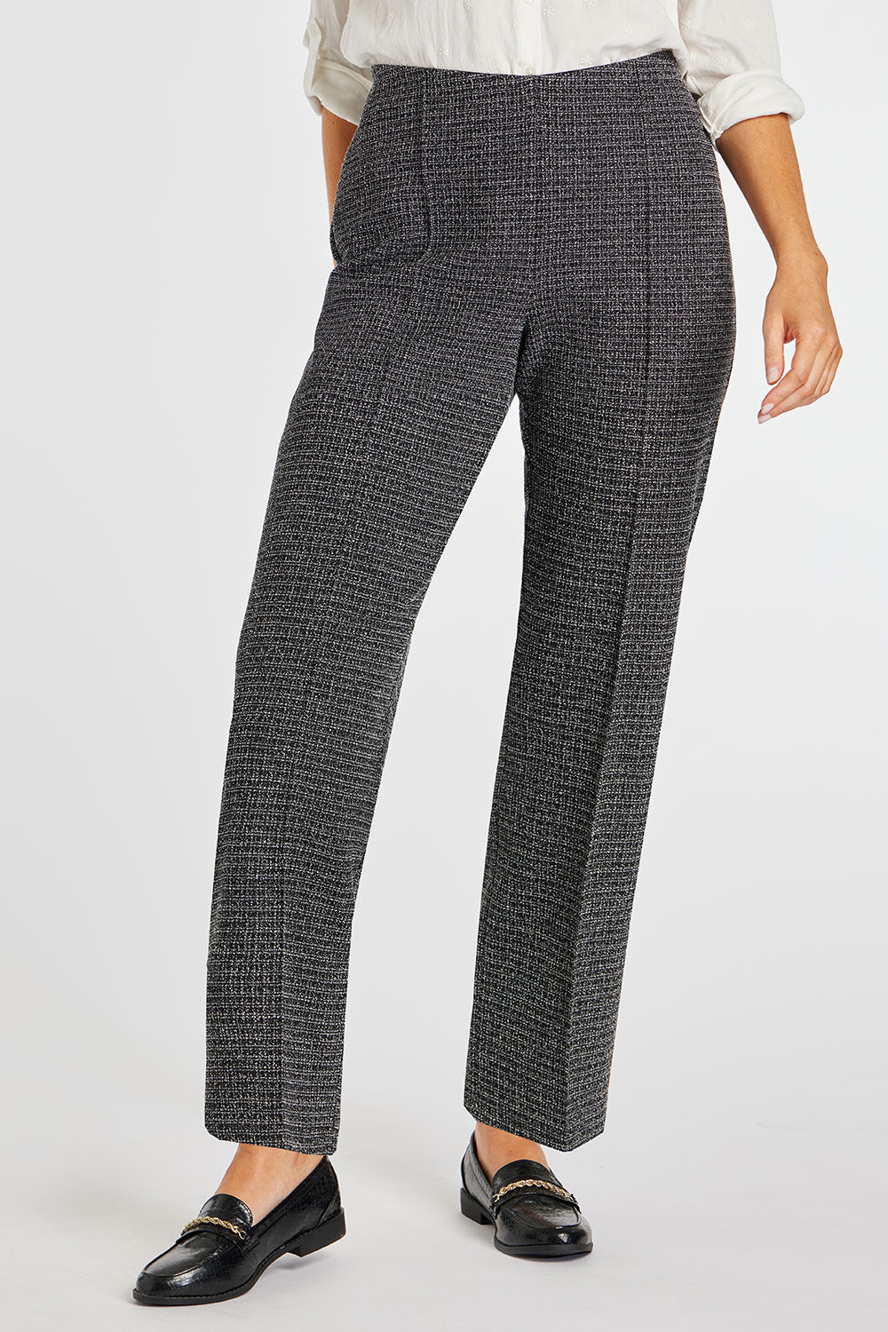 Bonmarche Charcoal Checked Jacquard Pleated Front Elasticated Trousers, Size: 10