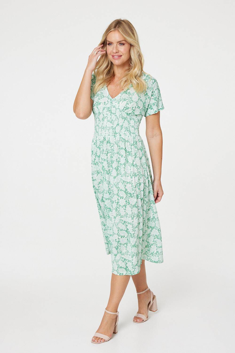 Izabel London Green - Paisley Shirred Detail Midi Dress, Size: 12