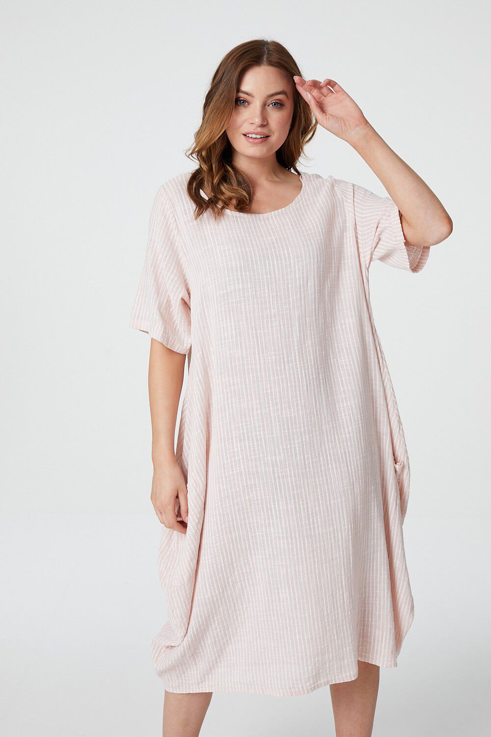 Izabel London Striped Short Sleeve Tunic Dress - Pink, Size: S