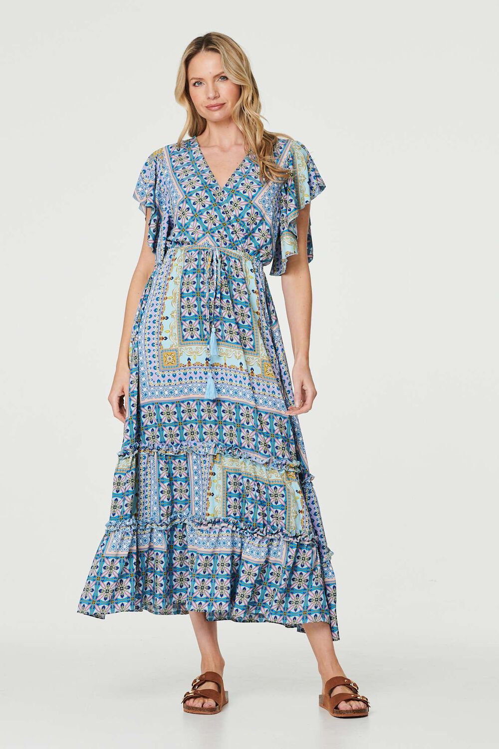 Izabel London Blue - Printed Frill Sleeve Maxi Dress, Size: 18