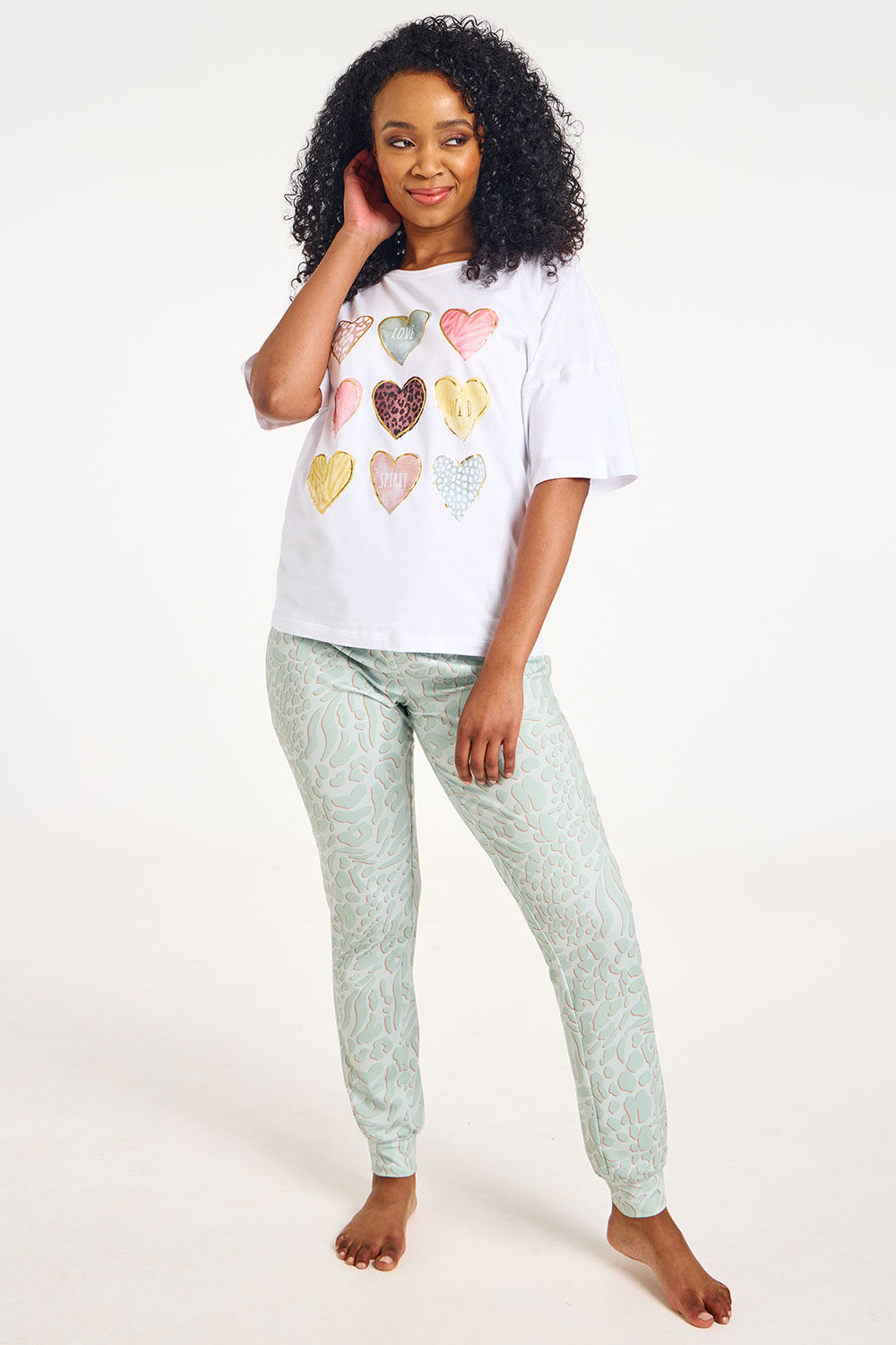 Bonmarche Mint Short Sleeve Heart and Animal Print Pyjama Set, Size: 24-26